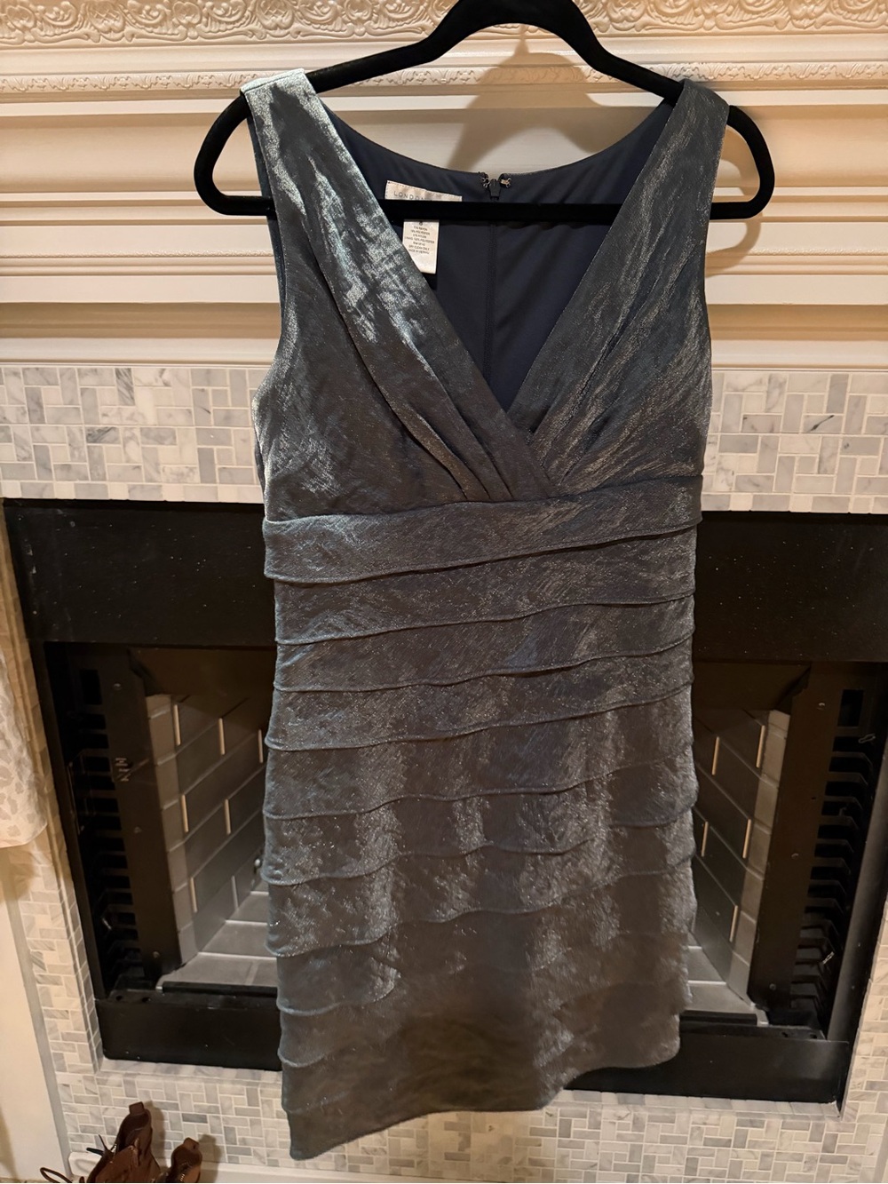 London Times Shimmery Slate Gray Tiered V-Neck Dress